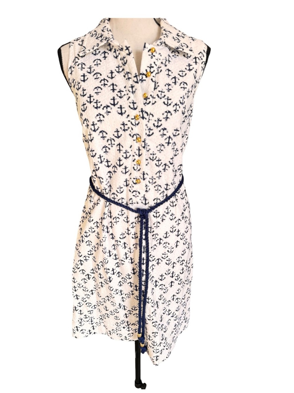 Vineyard Vines Anchor Print Shirt Dress White Navy Eyelet Rope Belt Size 4 NWOT - Picture 3 of 5
